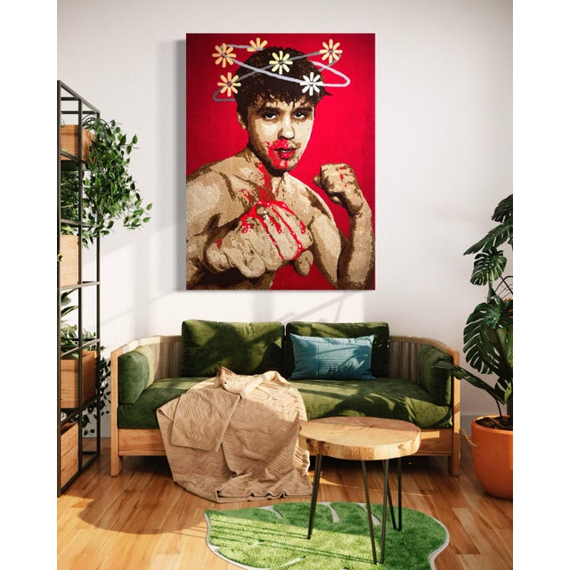 Cedric Vu "Phosphenes" Large Tufted Yarn Self Portrait, Boxer Figure, Daisy Halo, Deep Red, Contemporary California Textile Art, Pop Art, 2025 For Sale In San Francisco - Image 6 of 7