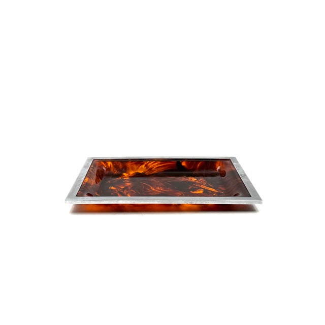 Brown Hollywood Regency Brass and Tortoiseshell Acrylic Glass Tray, Italy, 1970s For Sale - Image 8 of 12