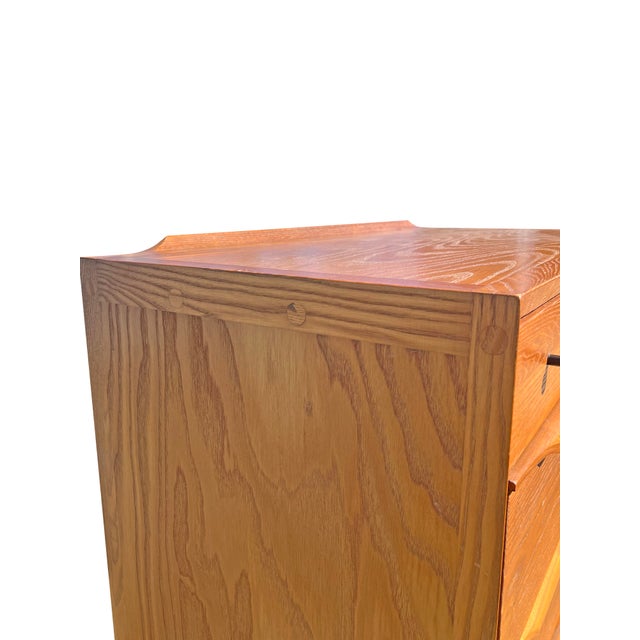 Wood Vintage Mid Century Modern Oak and Cane Floating Highboy Tall Dresser Chest of Drawers For Sale - Image 7 of 11