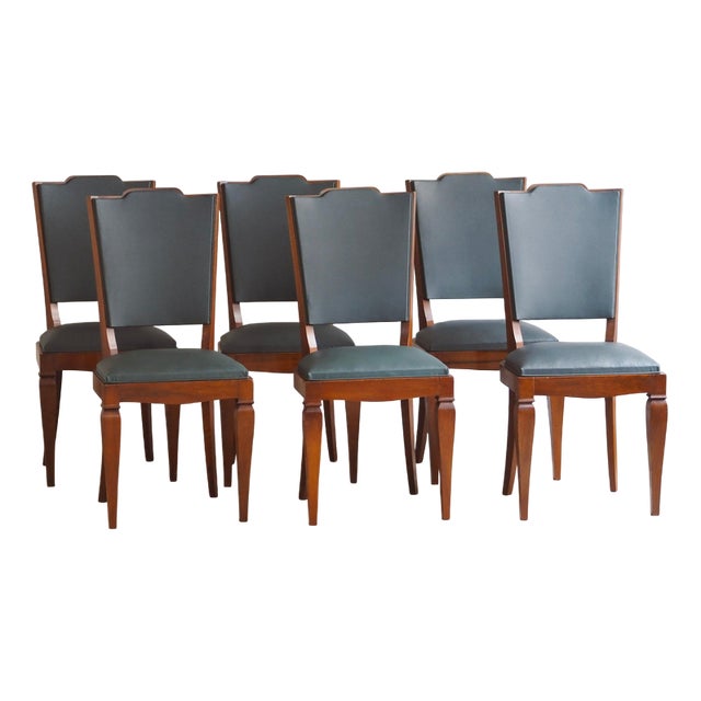 Art Deco Chairs with Petrol Faux Leather Seats, 1930s, Set of 6 For Sale