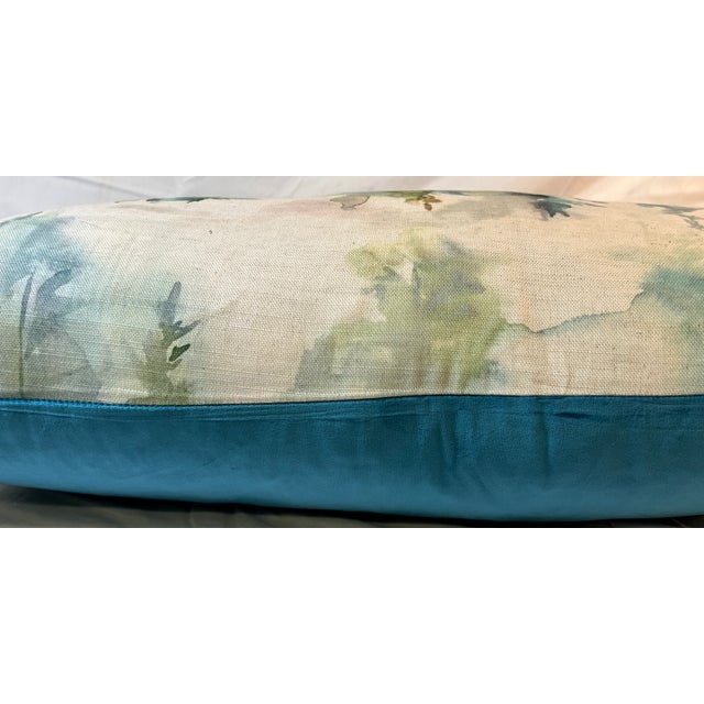 Large Bolster Pillow Decorated With a Serene Water Color Look Forest, Deer and Reflective Lake Scene - Made in the U K For Sale - Image 10 of 12