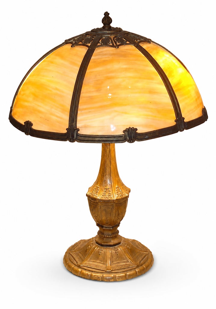 Vintage Amber Slag Glass Table Lamp With Ornate Metal Base — view 2