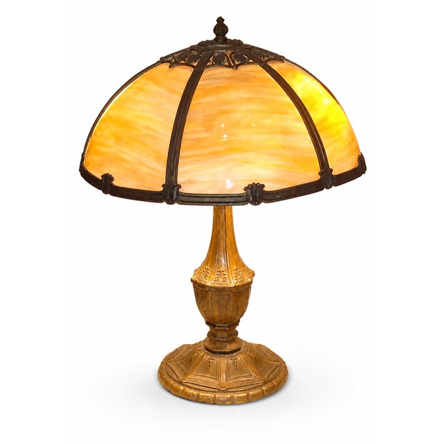 Absolutely gorgeous, Stunning, beautiful vintage table lamp featuring a large domed shade with warm amber slag glass...