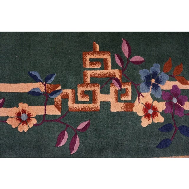 1920s Green Bamboo Floral Antique Chinese Art Deco Rug 4'2" X 7' Knotted Wool Carpet For Sale - Image 12 of 15