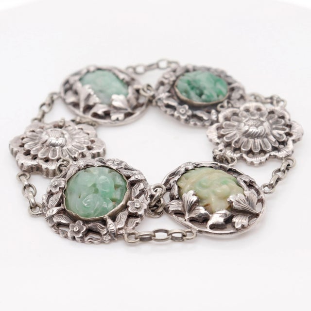 Mid 20th Century Vintage Signed Art Deco Chinese Sterling Silver & Jadeite Bracelet For Sale - Image 5 of 12