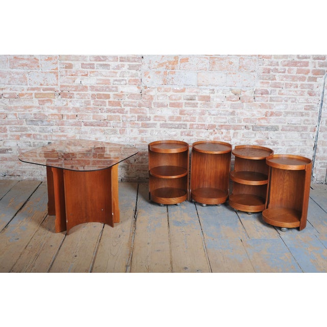1960s Mid-Century Modern Nesting Table in Oak and Smoked Glass, Czech, 1960s, Set of 5 For Sale - Image 5 of 11