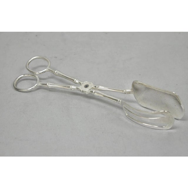 Hollywood Regency Vintage Silver Plated Faux Bamboo Scissor Style Pastry Cake Serving Tongs For Sale - Image 3 of 10