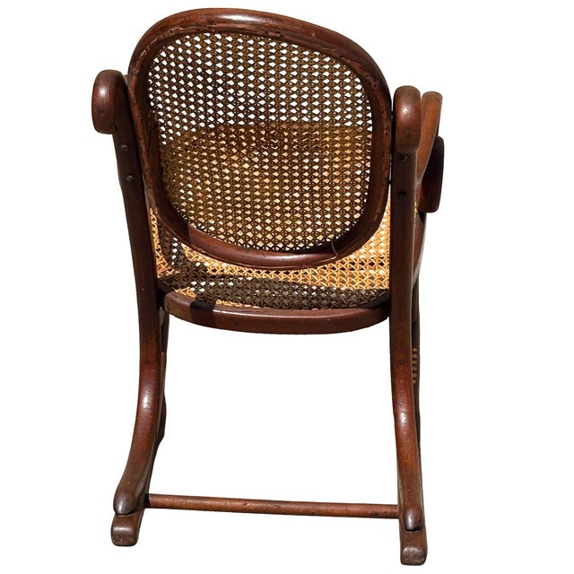 1900 - 1909 Antique Vienna Secession Bent Oak & Cane Scrolling Children Sized Rocking Chair, Thonet For Sale - Image 5 of 7