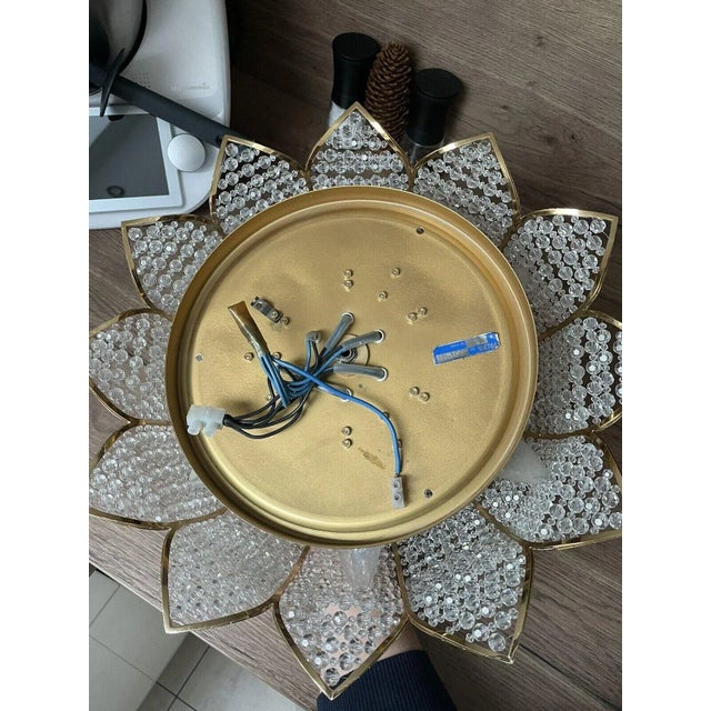 1960s Exceptional Signed Palwa Austrian Lotus Flush Mount - 24k Gold Plated Frame & Hand Beaded Crystal For Sale - Image 5 of 8