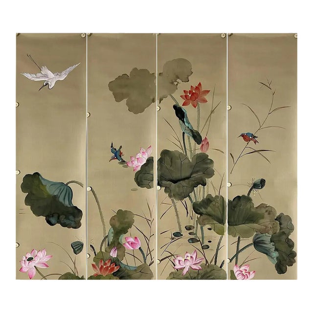 Lotus Hand Painted Wallpaper Bedroom Wall Panels - 4 Panels For Sale