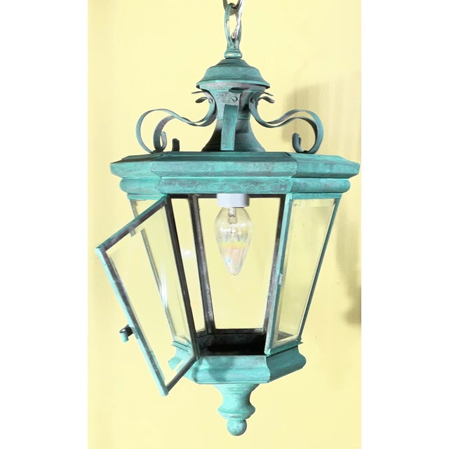 Vintage Solid Brass Hanging Lantern / Pendent / Verdigris Patina For Sale - Image 9 of 17