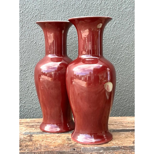 Chinoiserie Vintage Chocolate Ceramic Vases - A Pair For Sale - Image 3 of 12