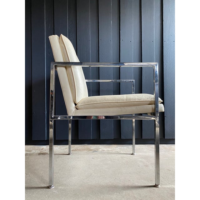 Fabulous set of 4 chrome Minimalist armchairs in excellent structural condition; new upholstery required. Chrome in...