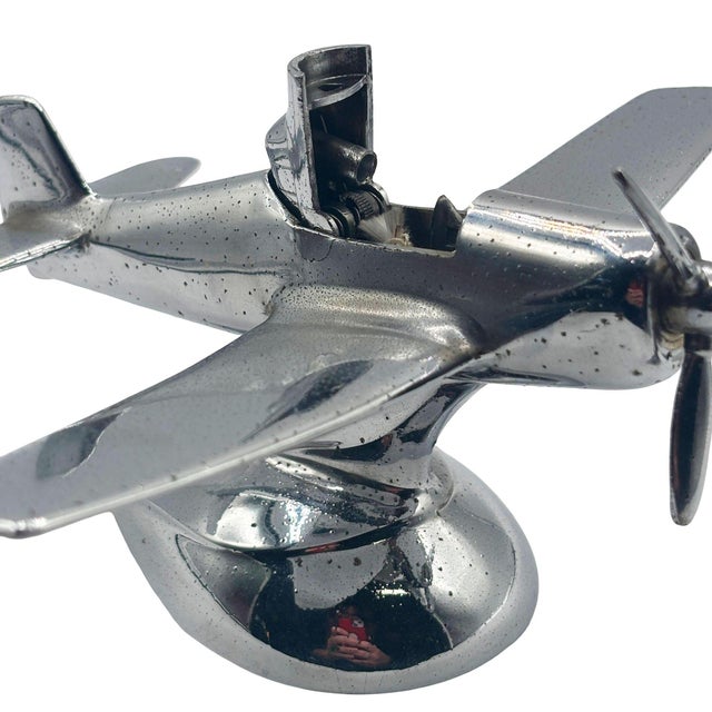 Silver 1940s Art Deco Chrome Propeller P-51a Mustang Airplane Table Lighter by Hamilton For Sale - Image 8 of 10