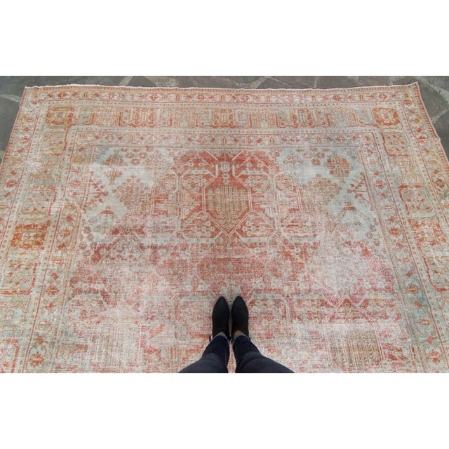 1920s Antique Medallion Brick Red Slate Blue Hand Knotted Rug - 10’2” X 13’4” For Sale - Image 4 of 11