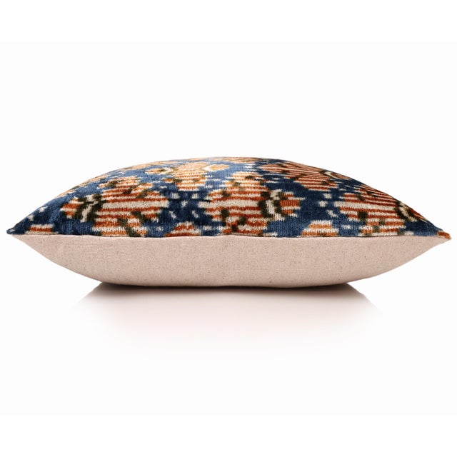 Textile Blue Ikat Silk Velvet Pillow 20x20 | Handmade Designer Accent Cushion For Sale - Image 7 of 7