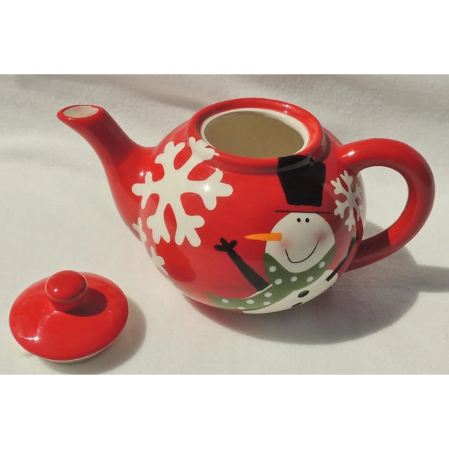 Vintage Hand Painted Red & White Snowman Porcelain Snowflake Christmas Holiday Teapot Tea Pot For Sale - Image 4 of 9