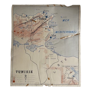 Vintage School Map, Tunisia / Algeria, 1950s For Sale