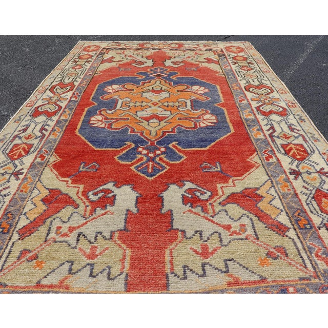 Textile Vintage Turkish Oushak Rug With Bold Red, Indigo Blue, Saffron Gold and Ivory For Sale - Image 7 of 11