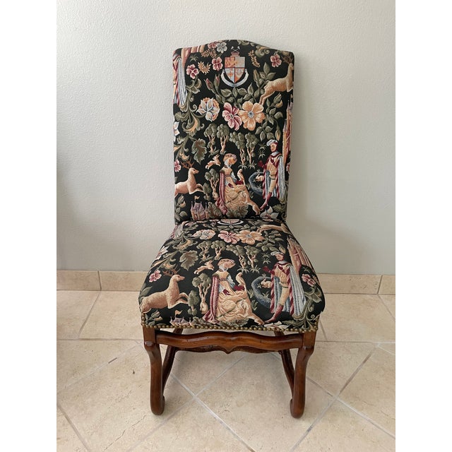 Set of six upholstered, high back chairs with an H-shaped stretcher for stability, This set includes five Queen Anne style...