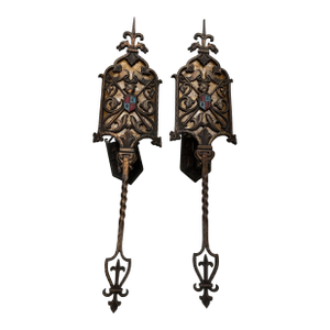 Pair of Antique Large Bronze Spanish Revival Wall Sconces Circa 1920