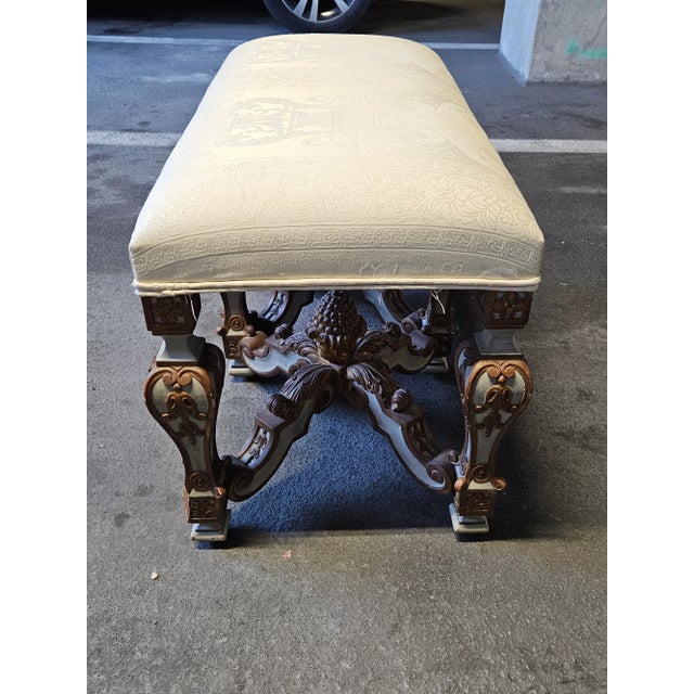 Late 20th Century Venetian Style Polychrome and Gilt Hand Carved Wood Bench For Sale - Image 5 of 10