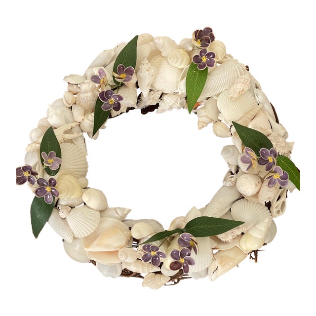 Lovely Raster Purple Violet Flowers Sea Shell Frame Wreath For Sale