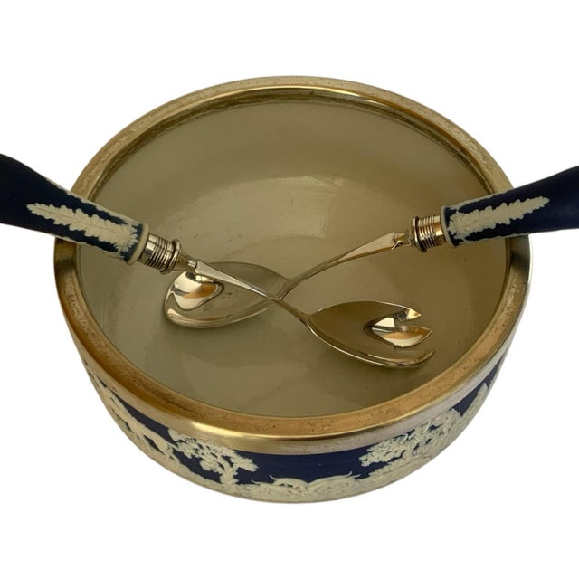 Antique Edwardian Wm Adams &amp; Sons Blue Jasperware Salad Bowl &amp; Matching Barker Bros Silverplate Serving Set Made...
