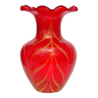 Murano Venetian Vintage Red Yellow Pulled Feather Gold Leaf Italian Art Glass Ruffle Rim Flower Vase For Sale