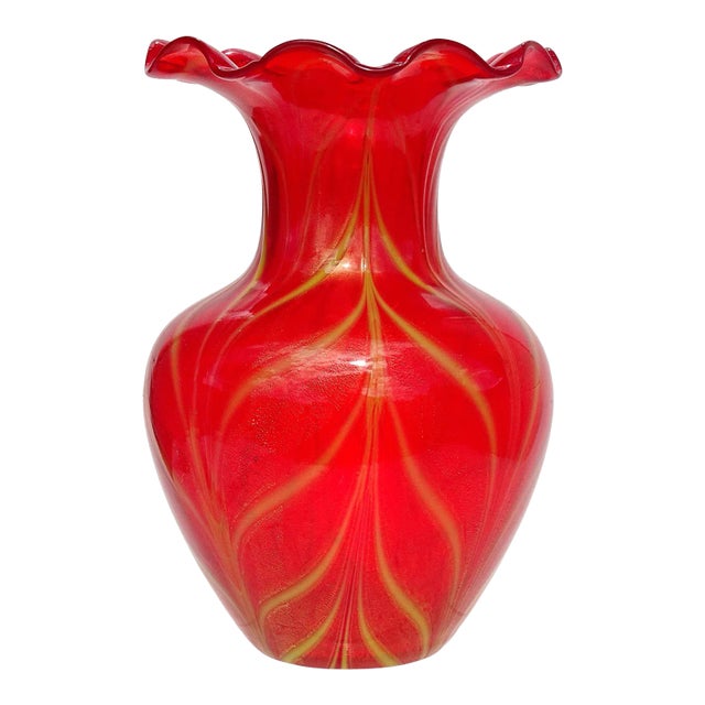 Murano Venetian Vintage Red Yellow Pulled Feather Gold Leaf Italian Art Glass Ruffle Rim Flower Vase For Sale