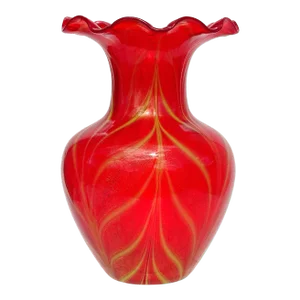 Vintage Murano Venetian Red Yellow Pulled Feather Gold Leaf Italian Art Glass Ruffle Rim Flower Vase