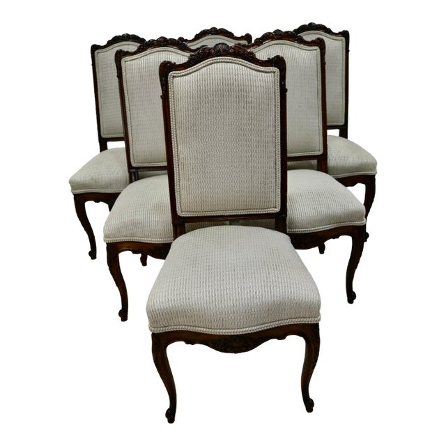 French Carved Dining Side Chairs Upholstered in Belgian Linen Chenille For Sale