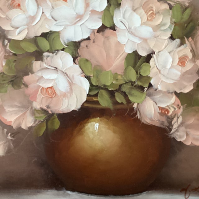 Vintage Floral Still Life Rose Bouquet in Vase Oil Painting on Canvas Signed Framed For Sale In Chicago - Image 6 of 12