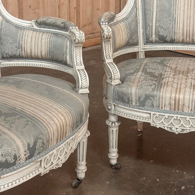 Pair of Louis XVI Painted Bergères ~ Paris For Sale - Image 14 of 15