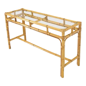 Mid-Century Modern Bamboo Glass Top Console Sofa Table