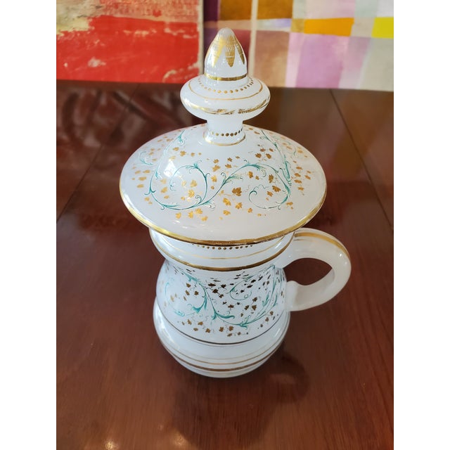 Antique original 19th century large opaline tankard . Having an exaggerated applied handle with gold gilt and enamel...