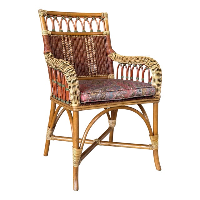 Vintage French Wicker & Rattan Armchair With Paisley Cushion For Sale