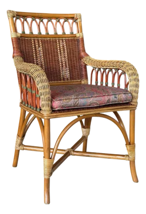 Vintage French Wicker & Rattan Armchair With Paisley Cushion