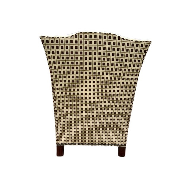 Metal Vintage Henredon Acquisitions Collection Leather Wingback Chairs – Ivory Leather, Geometric Upholstery & Nailhead Trim For Sale - Image 7 of 12