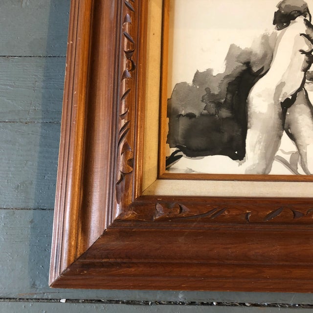 Figurative Original Vintage Female Nude Watercolor Study Painting 1950’s Carved Wood Frame For Sale - Image 3 of 6