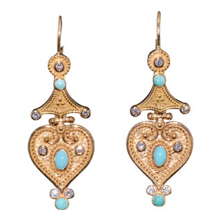Gorgeous Natural Diamond Turquoise 18k Solid Gold Byzantine Beaded Greek Dangle Earrings, A Pair For Sale