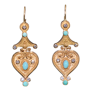 Gorgeous Natural Diamond Turquoise 18k Solid Gold Byzantine Beaded Greek Dangle Earrings, A Pair