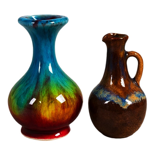 Vintage Studio Pottery Bud Vase Pair – Mini Jewel Tone Drip Glaze & Mini Earth Tone Jug For Sale