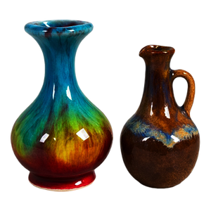 Vintage Studio Pottery Bud Vase Pair – Mini Jewel Tone Drip Glaze & Mini Earth Tone Jug