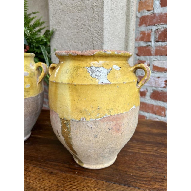 Ceramic Pair Antique Provincial French Yellow Glazed Pottery Confit Pot Urn Vessel Vase For Sale - Image 7 of 13