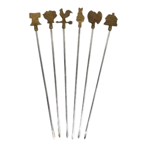 Vintage Mid Century Americana-Themed Brass & Stainless Steel Skewers- Made in India- Set of 6