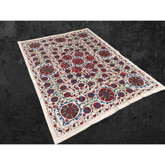 Folk Art Red and Bue Suzani Bedspread / Tablcloth With Cloves and Pomegranates For Sale - Image 3 of 7