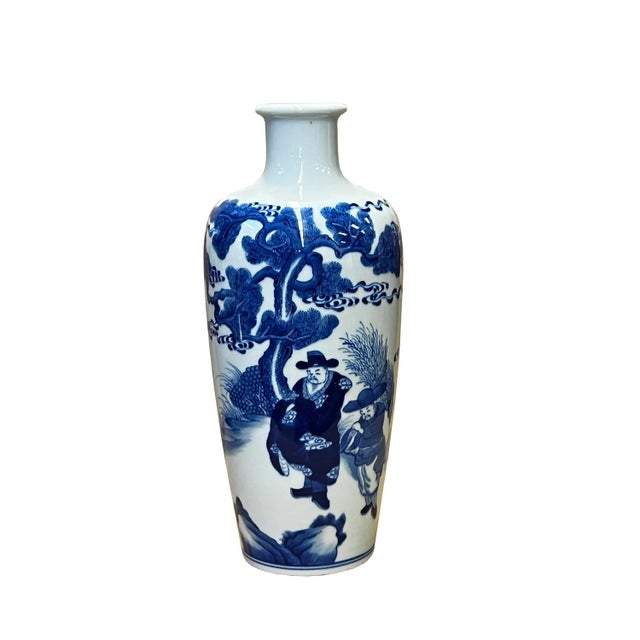 Chinese Blue White Porcelain Round Body People Theme Vase For Sale - Image 10 of 10