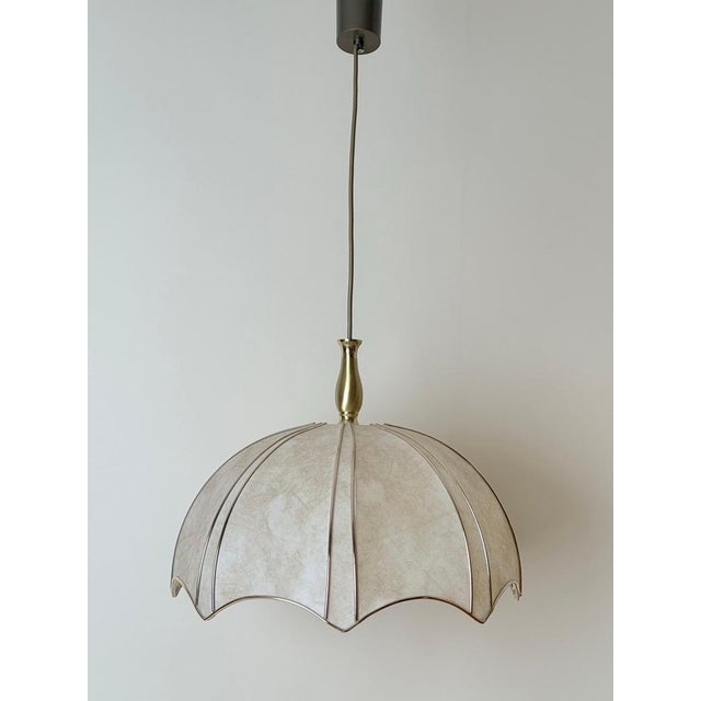 1980s Mid-Century Pendant Light with Brass and Cocoon-Style Shade, 1980s For Sale - Image 5 of 12