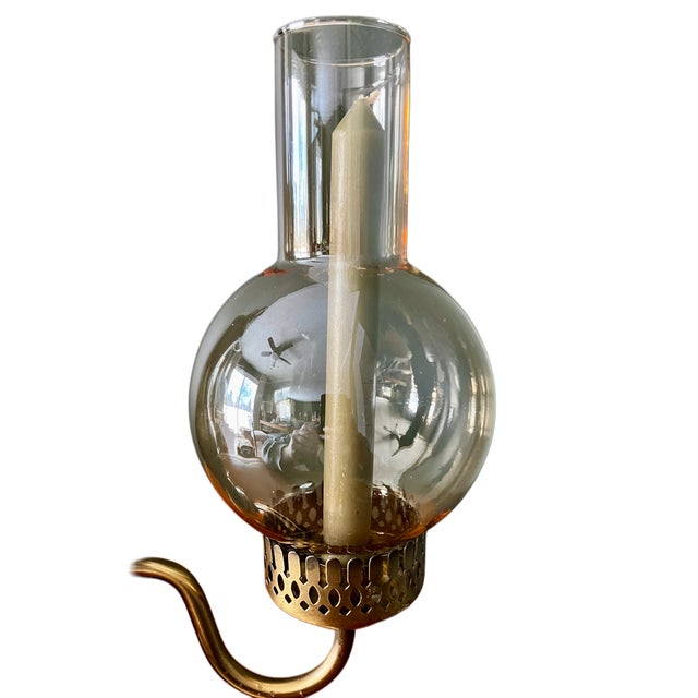 Vintage Brass and Wood Candelabra With Two Hurricane Glass Shades For Sale - Image 12 of 18